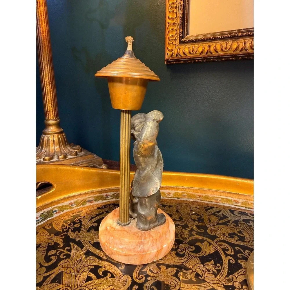 Vintage‎ 1940s Figural Oil Lamp | Drinking Man on Onyx Base | Brass Reservoir